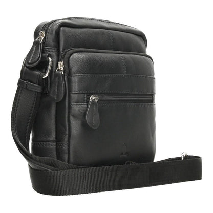 Vista lateral del bolso de hombre J.L Piel donde se aprecia el grosor, los compartimentos laterales y la bandolera regulable de piel y textil.