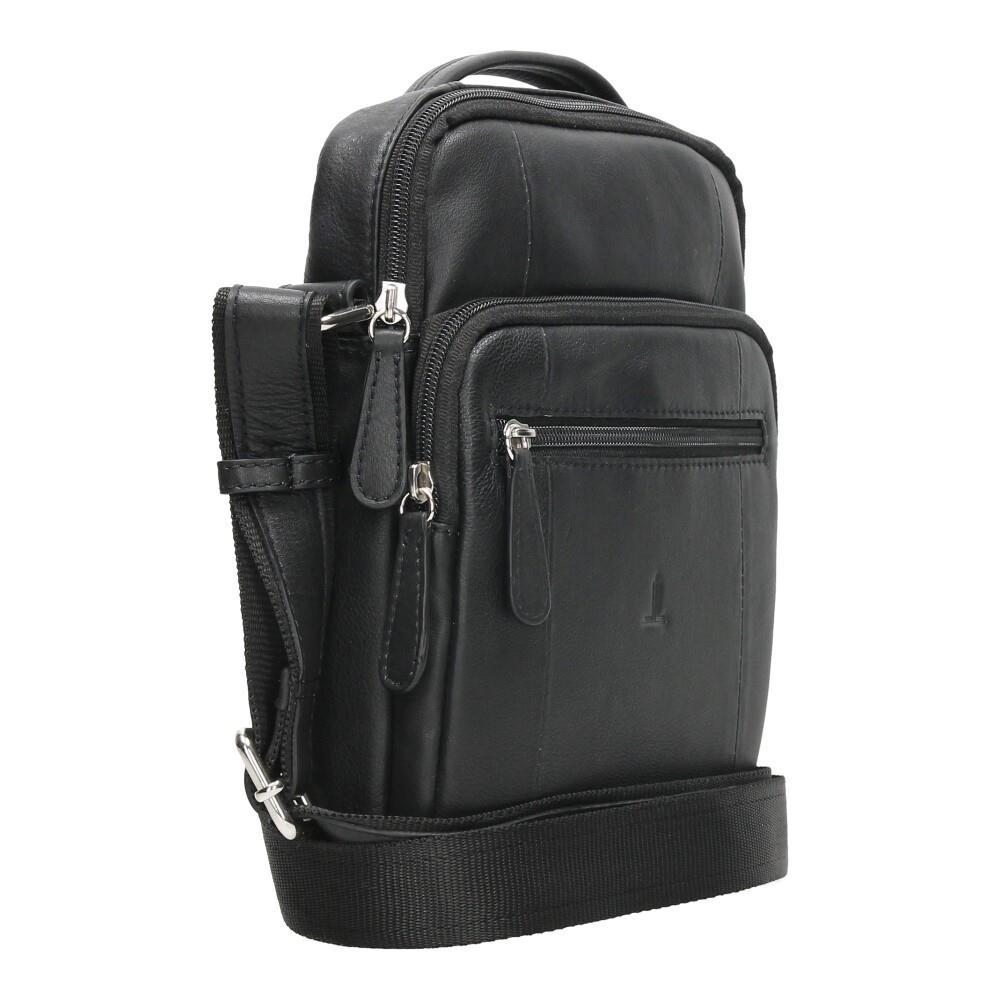 Vista lateral del bolso de piel para hombre J.L Piel donde se aprecia su capacidad de 6,5 cm y el diseño compacto para el uso diario.
