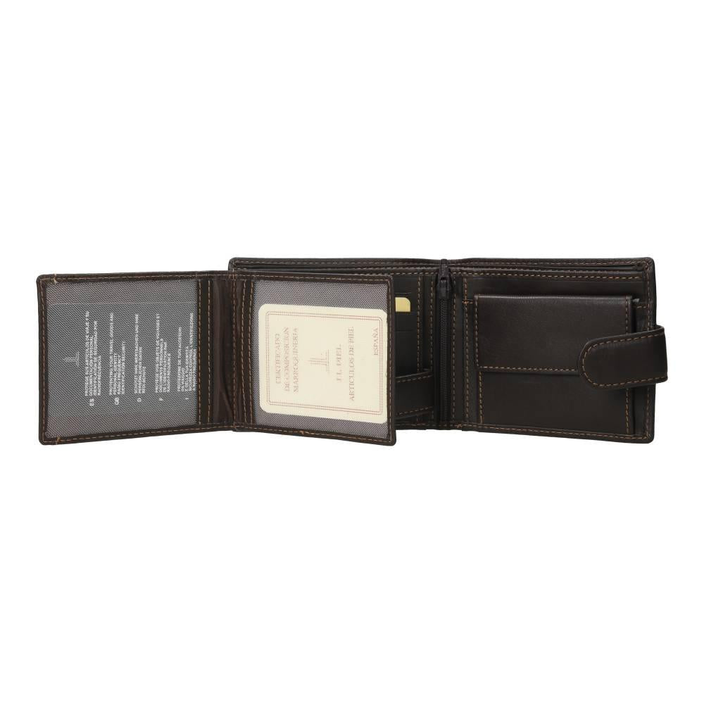 Detalle del interior de la cartera americana J.L Piel con porta DNI extraíble, capacidad para tarjetas y compartimentos para billetes con protección RFID.