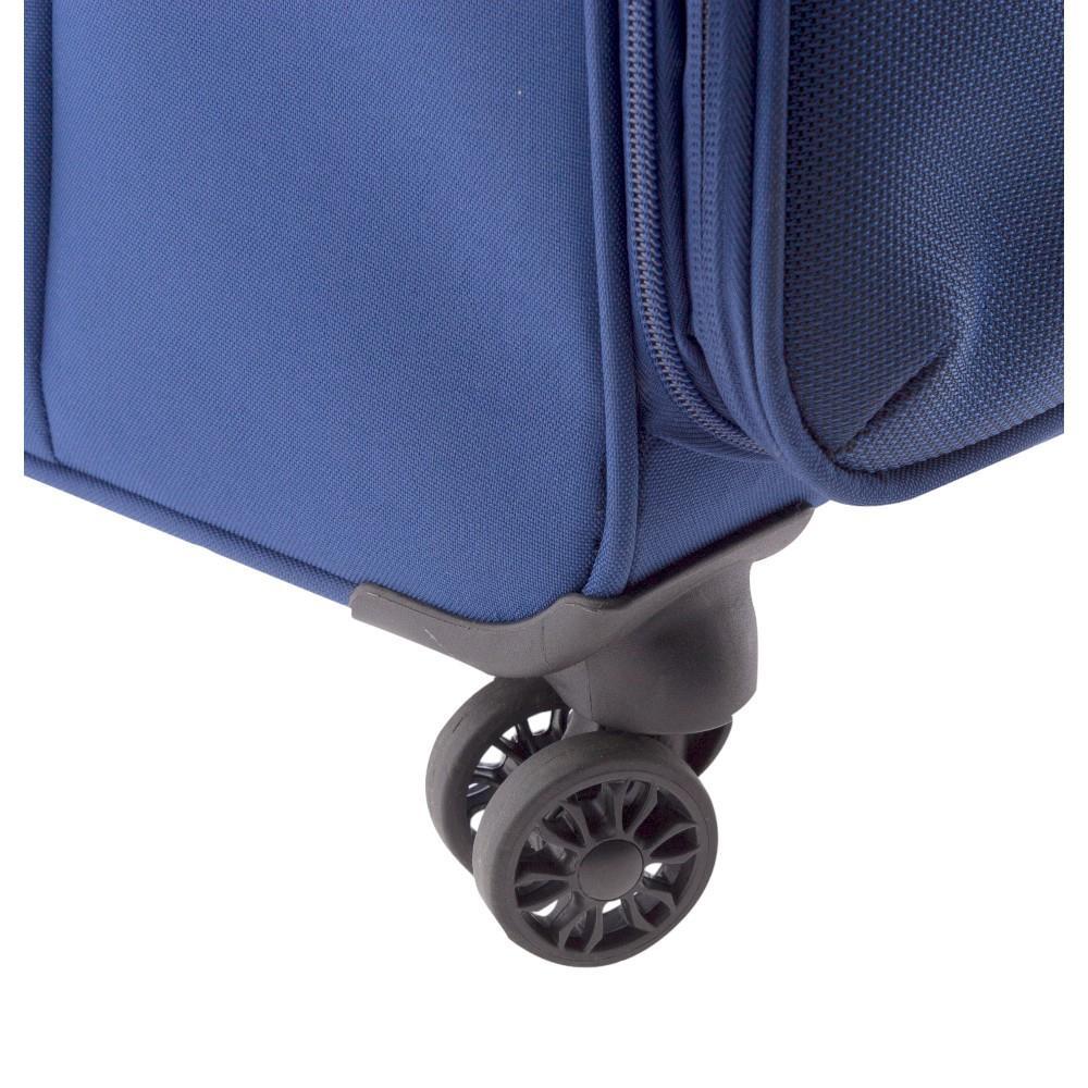 Detalle de las ruedas dobles con giro 360º de la Maleta Grande Gladiator 3D azul, un sistema especialmente práctico cuando viajamos con la maleta completamente cargada.