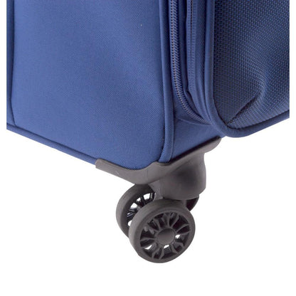 Detalle de las ruedas dobles con giro 360º de la Maleta Grande Gladiator 3D azul, un sistema especialmente práctico cuando viajamos con la maleta completamente cargada.