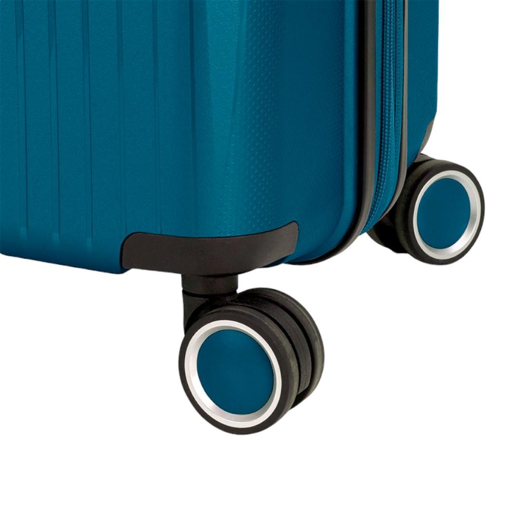 Detalle de las ruedas dobles multidirección de la maleta Gabol Brooklyn, diseñadas para ofrecer un desplazamiento suave, silencioso y estable sobre cualquier superficie.