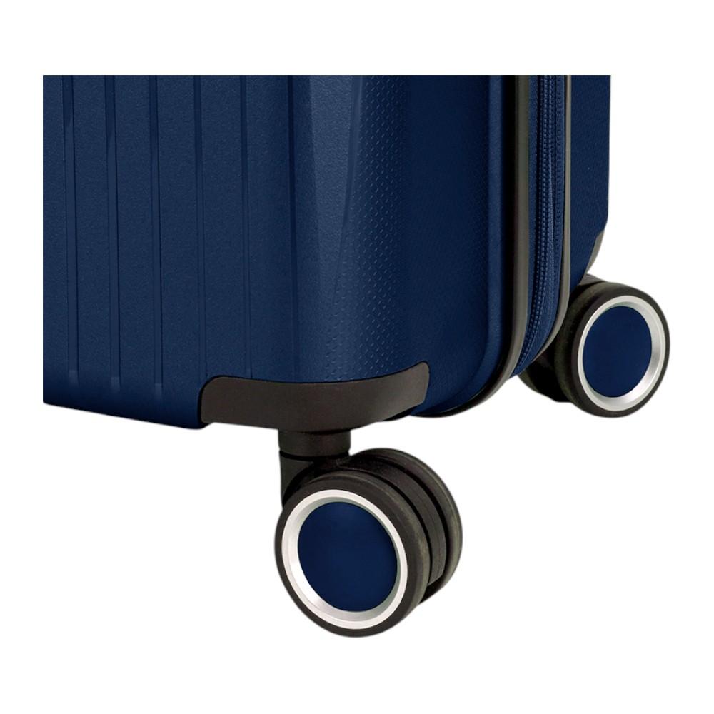 Detalle de las ruedas dobles multidirección de la maleta grande Gabol Brooklyn, diseñadas para ofrecer un desplazamiento suave, silencioso y estable incluso con el equipaje completamente cargado.