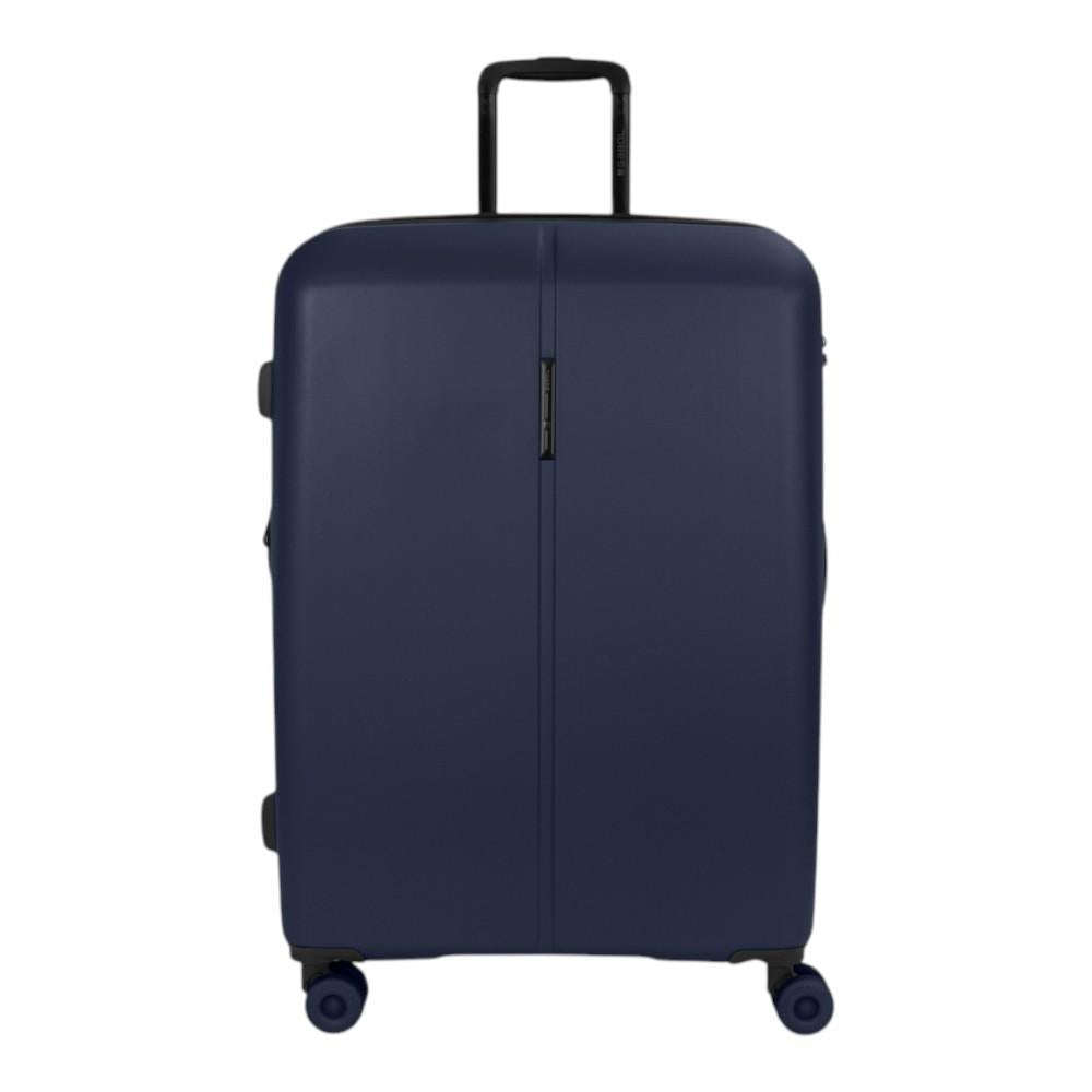Descripción: Vista frontal de la maleta grande Gabol Pacific azul marino fabricada en polipropileno, expandible y con gran capacidad para viajes largos o vacaciones familiares.