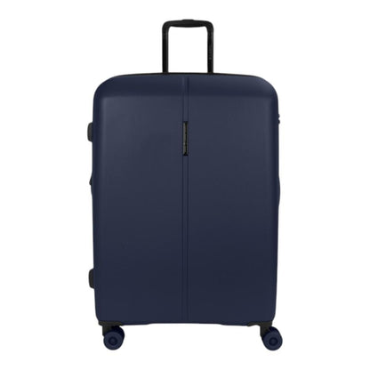 Descripción: Vista frontal de la maleta grande Gabol Pacific azul marino fabricada en polipropileno, expandible y con gran capacidad para viajes largos o vacaciones familiares.