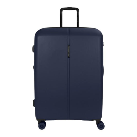 Descripción: Vista frontal de la maleta grande Gabol Pacific azul marino fabricada en polipropileno, expandible y con gran capacidad para viajes largos o vacaciones familiares.