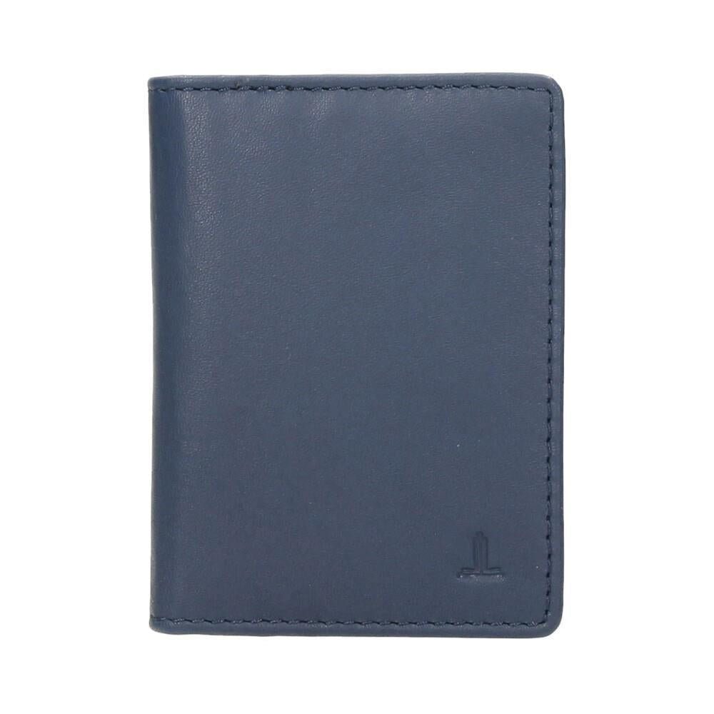 Vista frontal del tarjetero J.L Piel fabricado íntegramente en piel auténtica azul con diseño extrafino, capacidad para 8 tarjetas y protección RFID.