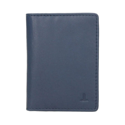 Vista frontal del tarjetero J.L Piel fabricado íntegramente en piel auténtica azul con diseño extrafino, capacidad para 8 tarjetas y protección RFID.