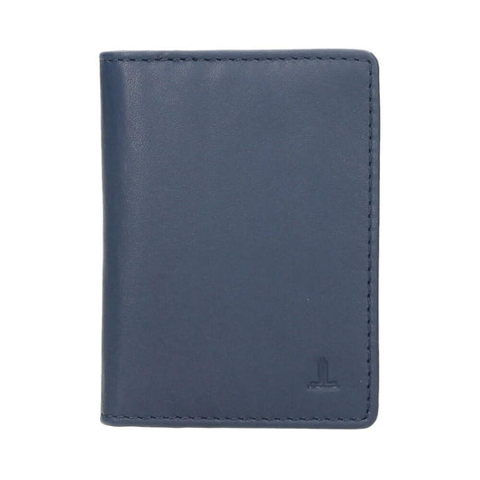 Vista frontal del tarjetero J.L Piel fabricado íntegramente en piel auténtica azul con diseño extrafino, capacidad para 8 tarjetas y protección RFID.