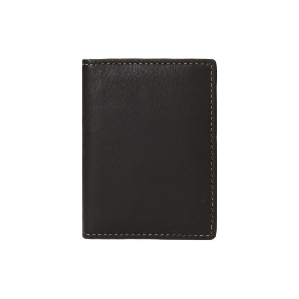 Vista frontal del tarjetero J.L Piel fabricado íntegramente en piel auténtica marrón con diseño extrafino, capacidad para 8 tarjetas y protección RFID.