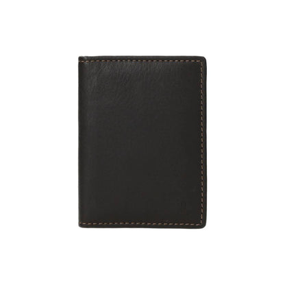 Vista frontal del tarjetero J.L Piel fabricado íntegramente en piel auténtica marrón con diseño extrafino, capacidad para 8 tarjetas y protección RFID.