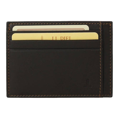 Vista frontal del tarjetero de piel J.L Piel Classic en color marrón con varias tarjetas insertadas y compartimentos de acceso rápido.