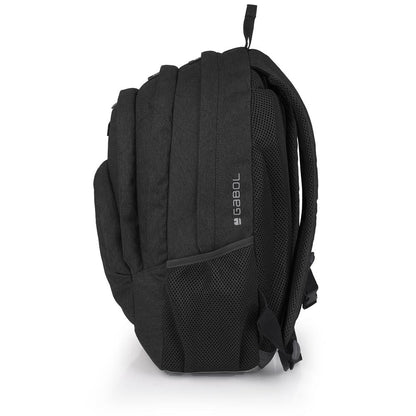 Vista lateral de la mochila Gabol Wolf negra donde se aprecia su profundidad, sus tres compartimentos y el formato diseñado para el uso diario.