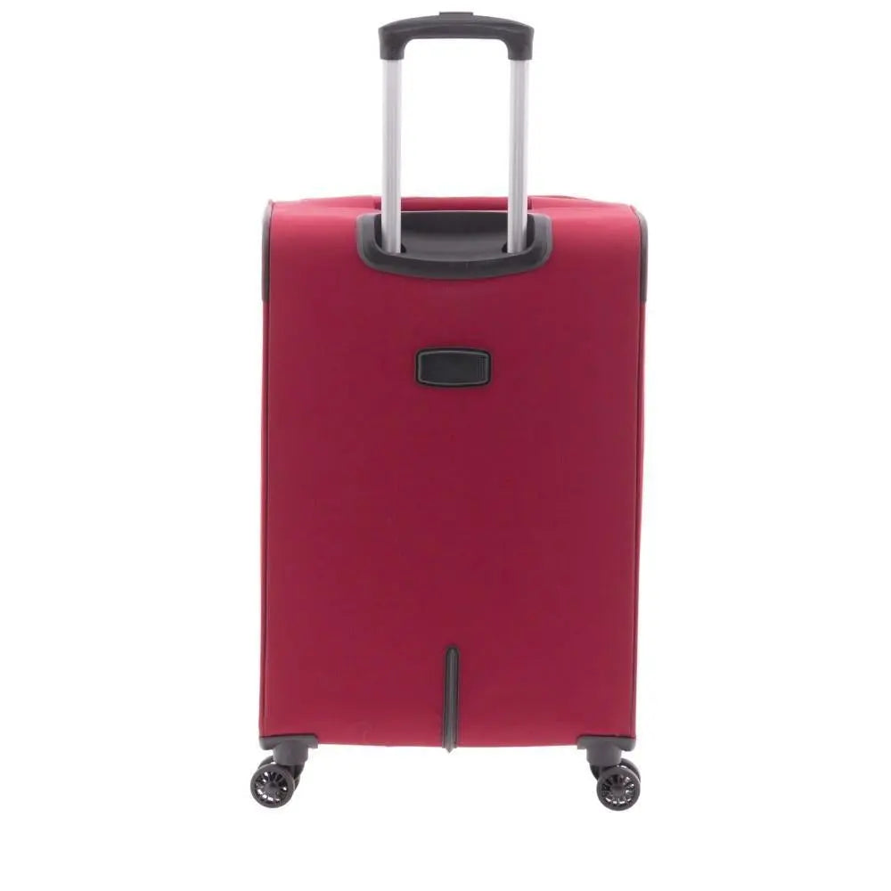 Parte posterior completa de la maleta de nylon, evidenciando la estructura externa del carro telescópico y su diseño liso.