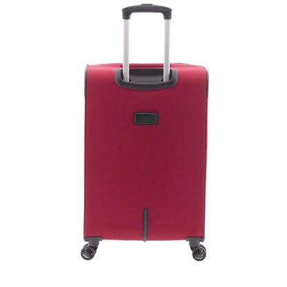 Parte posterior completa de la maleta de nylon, evidenciando la estructura externa del carro telescópico y su diseño liso.