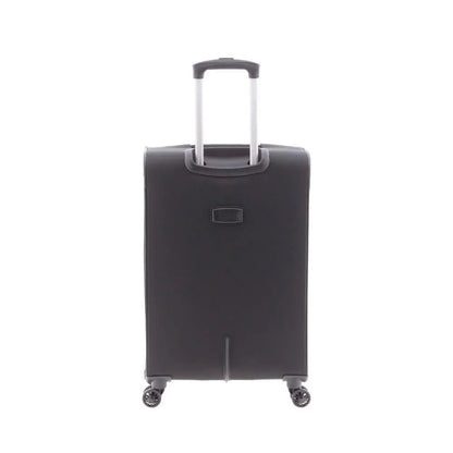 Parte posterior de la maleta, mostrando una superficie lisa con refuerzos en la base y la impecable integración del carro telescópico de aluminio.