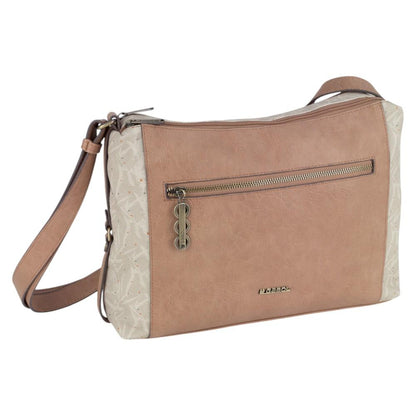 Vista frontal del bolso bandolera Gabol India marrón de piel sintética mostrando el bolsillo exterior con cremallera.