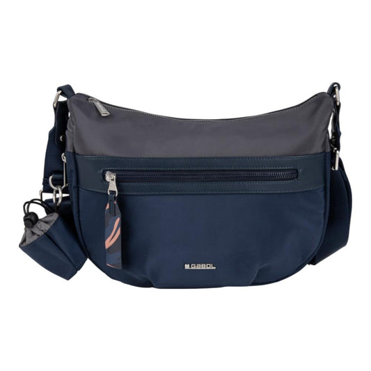 Bolso tipo góndola en tonos azul marino y gris con bolsillo frontal de cremallera y logotipo de Gabol.