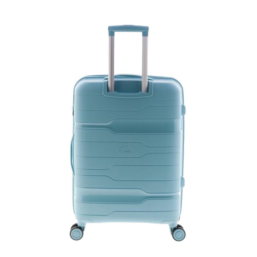 Vista lateral del cierre de seguridad TSA integrado y el asa ergonómica de la maleta mediana Boxing azul.