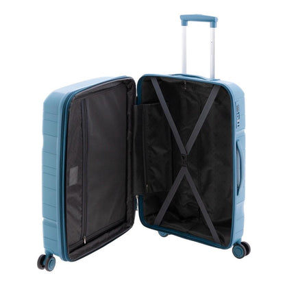 Vista completa de los compartimentos interiores de la maleta mediana Boxing con cintas elásticas de sujeción.