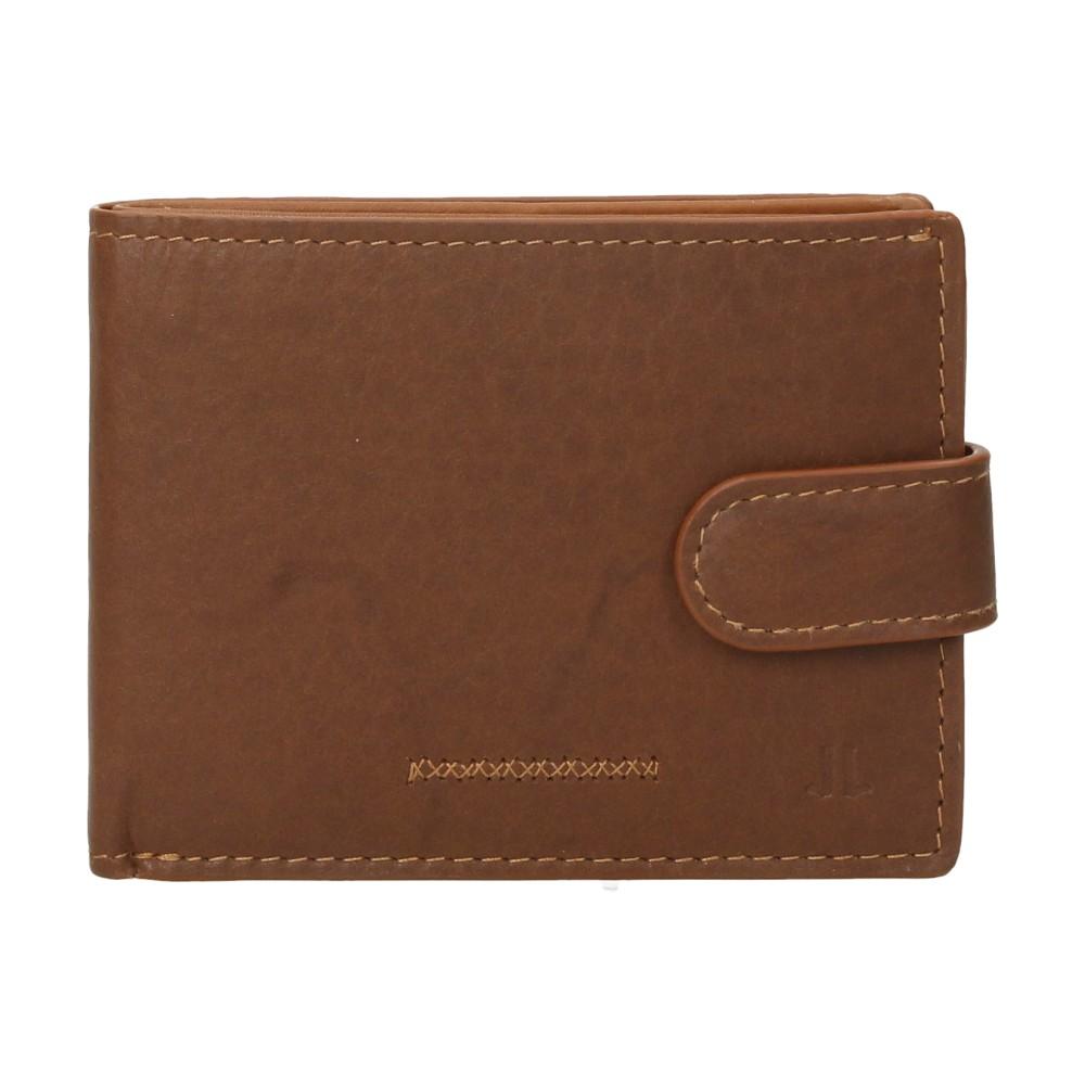 Vista frontal de la cartera de piel para hombre modelo Cerdeña en color marrón, con cierre de trabilla y pespuntes decorativos.
