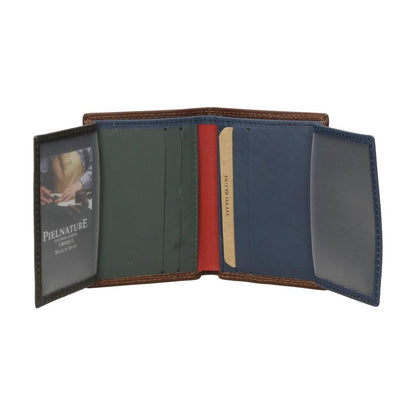 Cartera de piel Titto Bluni totalmente desplegada mostrando las ventanas transparentes para documentos y su interior multicolor.