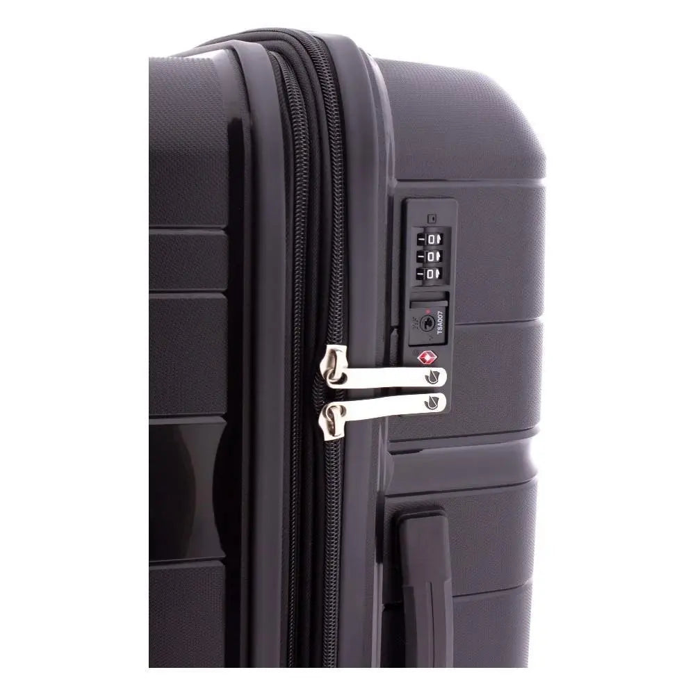 Detalle del cierre TSA integrado en el lateral de la maleta grande Boxing negra.