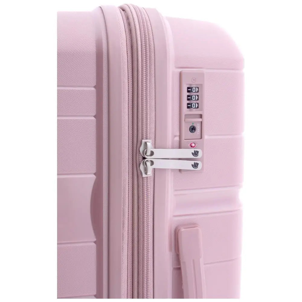 Detalle del candado TSA integrado y el asa lateral de carga en la maleta Gladiator Boxing rosa.