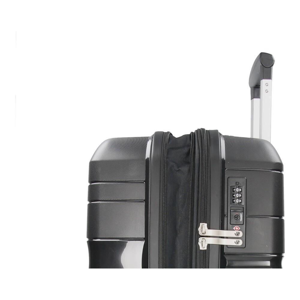 Detalle del candado de seguridad TSA integrado y las cremalleras superiores de la maleta Boxing negra.