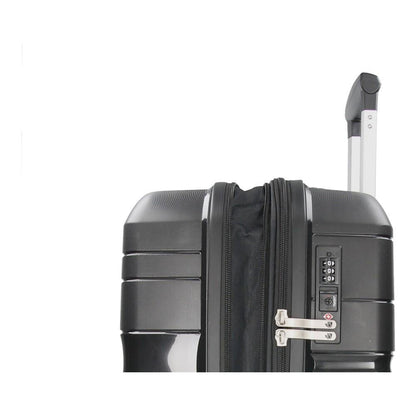 Detalle del candado de seguridad TSA integrado y las cremalleras superiores de la maleta Boxing negra.