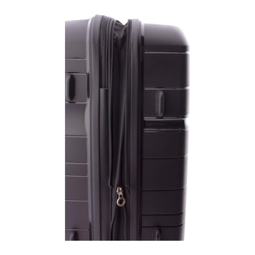 Primer plano del sistema de fuelle expandible abierto que aumenta la capacidad de la maleta negra.