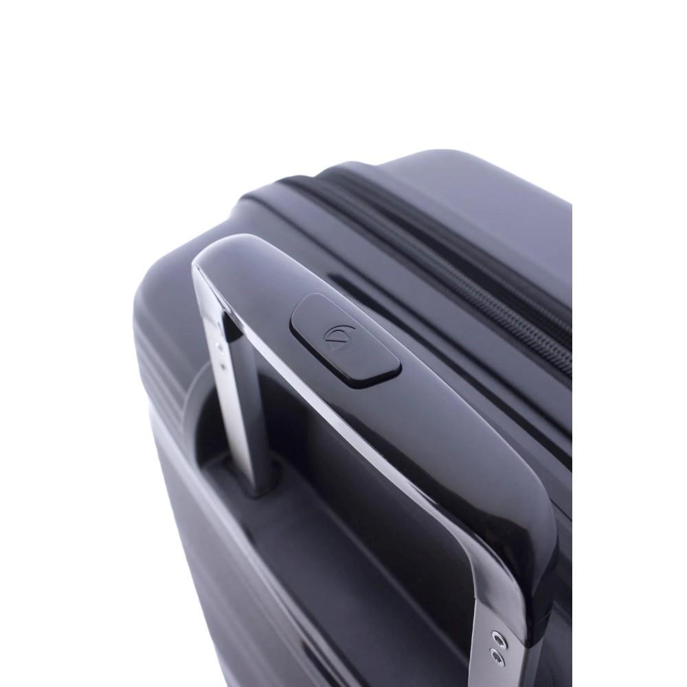 Primer plano del asa superior ergonómica y el diseño de la carcasa de la maleta Boxing negra.