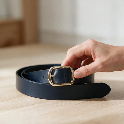 Cinturón Reversible de Piel Mujer Azul Marino y Negro 3 cm con Hebilla Dorada