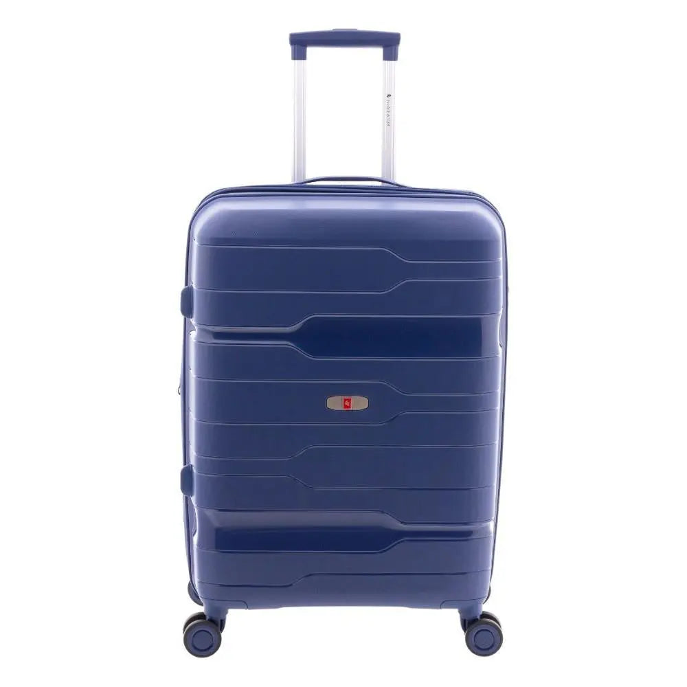 Vista frontal completa de la maleta mediana Boxing azul marino con diseño de polipropileno resistente.