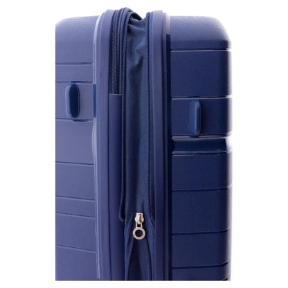 Detalle lateral mostrando el cierre de cremallera y el sistema de fuelle expandible de la maleta mediana.