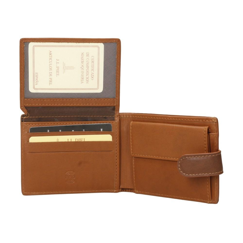 Interior de la cartera de piel Cerdeña abierta mostrando la ventana transparente para identificación y las ranuras para tarjetas.