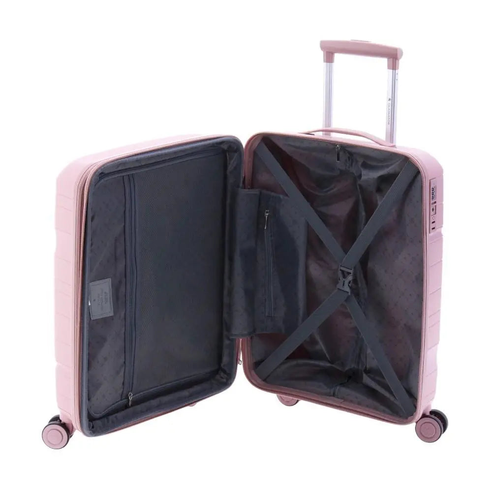 Interior de la maleta Boxing rosa con forro gris, separador de cremallera y gomas de sujeción.