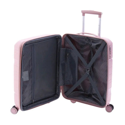 Interior de la maleta Boxing rosa con forro gris, separador de cremallera y gomas de sujeción.