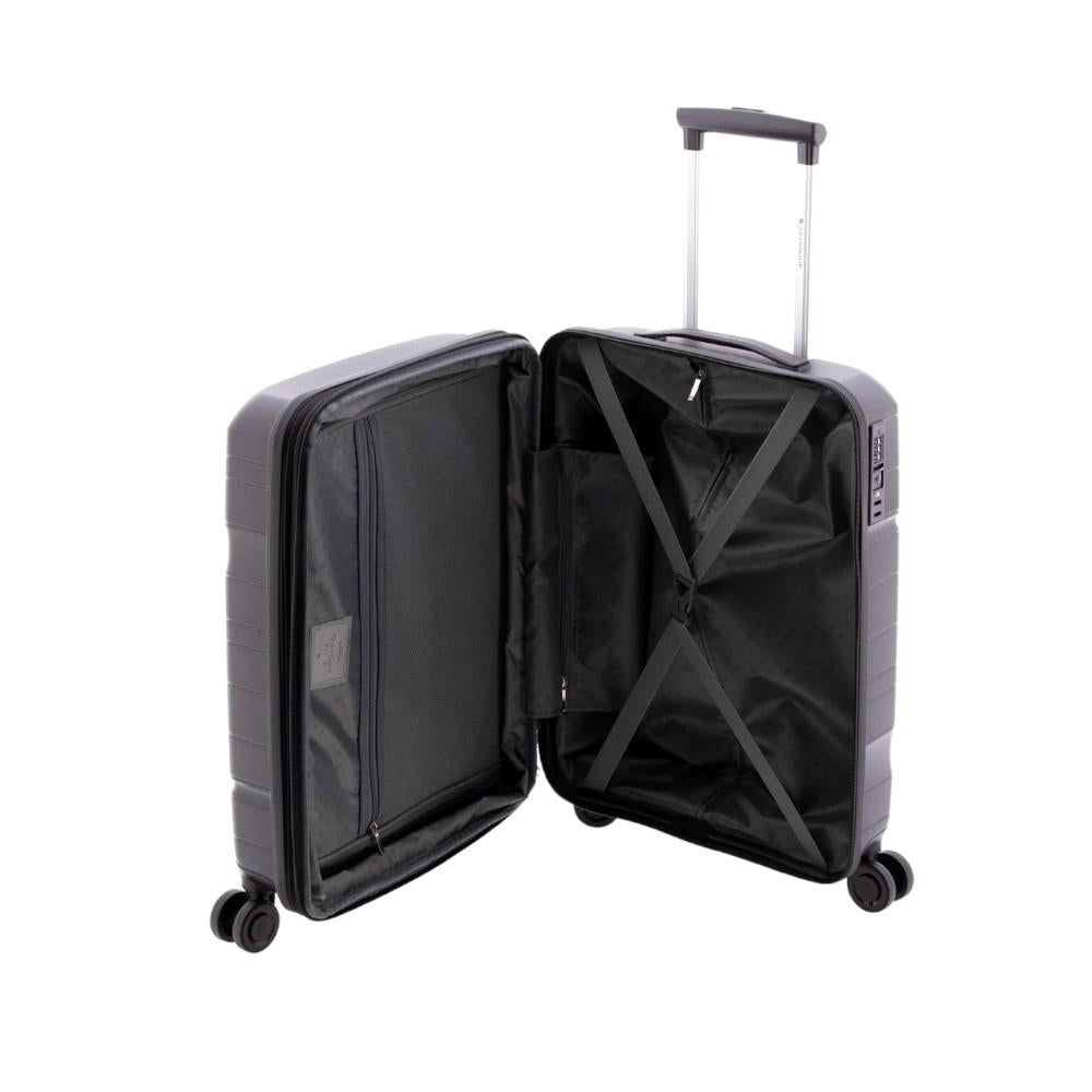 Interior de la maleta negra Boxing abierta, mostrando el separador con cremallera y el amplio espacio de carga.