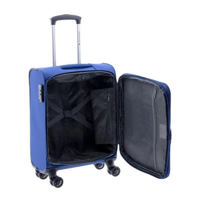 Interior abierto mostrando las gomas de sujeción y múltiples bolsillos de rejilla.