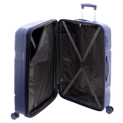 Interior de la maleta grande Boxing abierto, mostrando los compartimentos y cintas de sujeción.