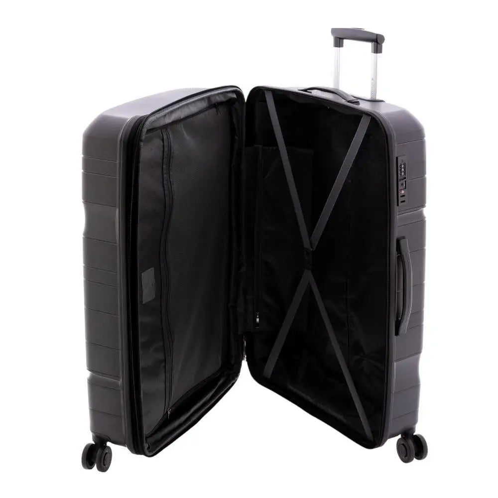 Interior de la maleta grande Boxing negra abierto, mostrando el separador y las cintas de sujeción.