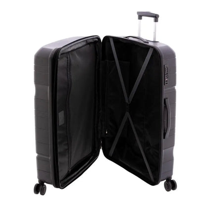 Interior de la maleta grande Boxing negra abierto, mostrando el separador y las cintas de sujeción.