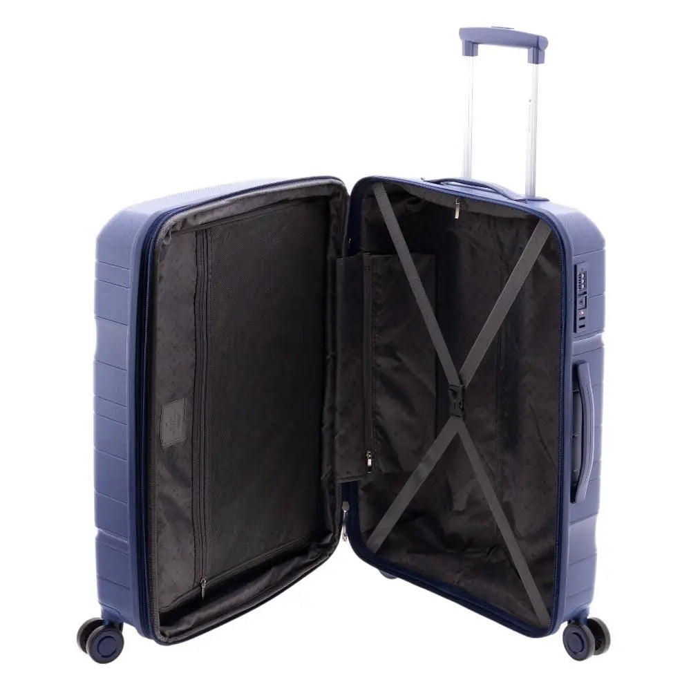 Interior de la maleta mediana Boxing azul marino abierto, mostrando separadores y cintas de sujeción.