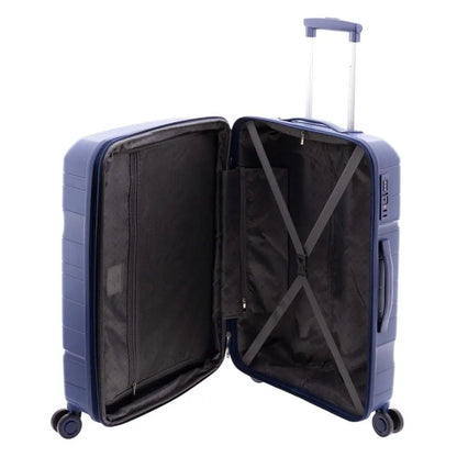 Interior de la maleta mediana Boxing azul marino abierto, mostrando separadores y cintas de sujeción.