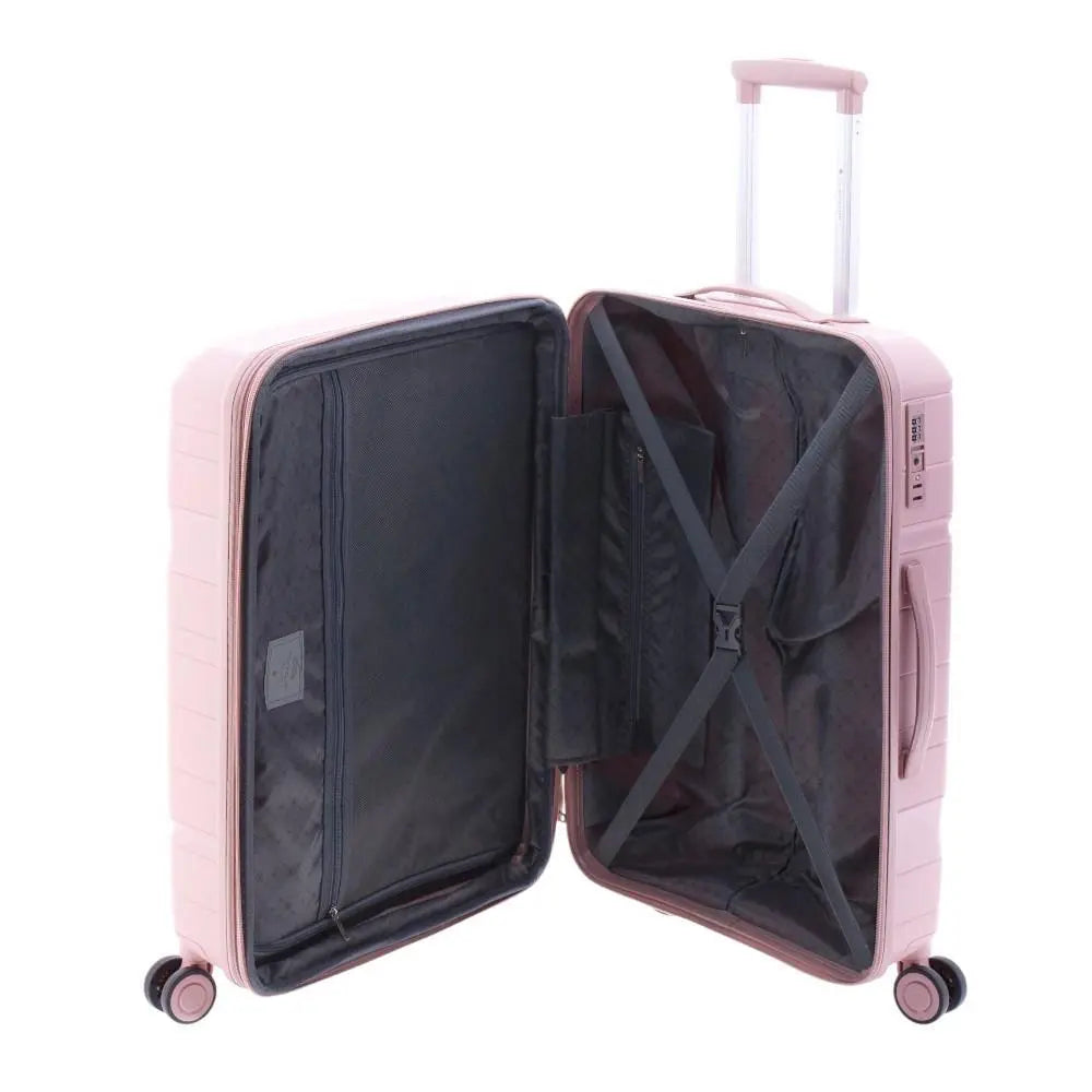 Interior de la maleta mediana rosa abierto, mostrando el separador con cremallera y cintas elásticas.polipropileno.