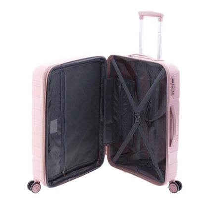 Interior de la maleta mediana rosa abierto, mostrando el separador con cremallera y cintas elásticas.polipropileno.