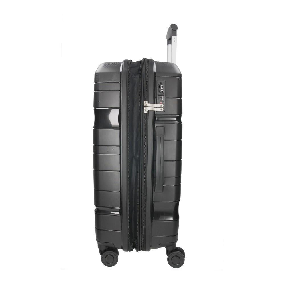 Perfil lateral de la maleta negra mostrando los tacos de apoyo para proteger la carcasa y el asa lateral.