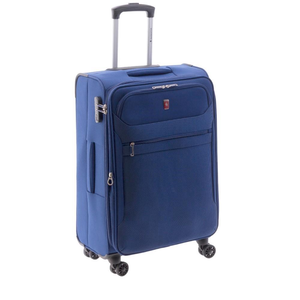 Vista en ángulo de la maleta mediana tela azul mostrando el fuelle expansible y el cierre de seguridad lateral.