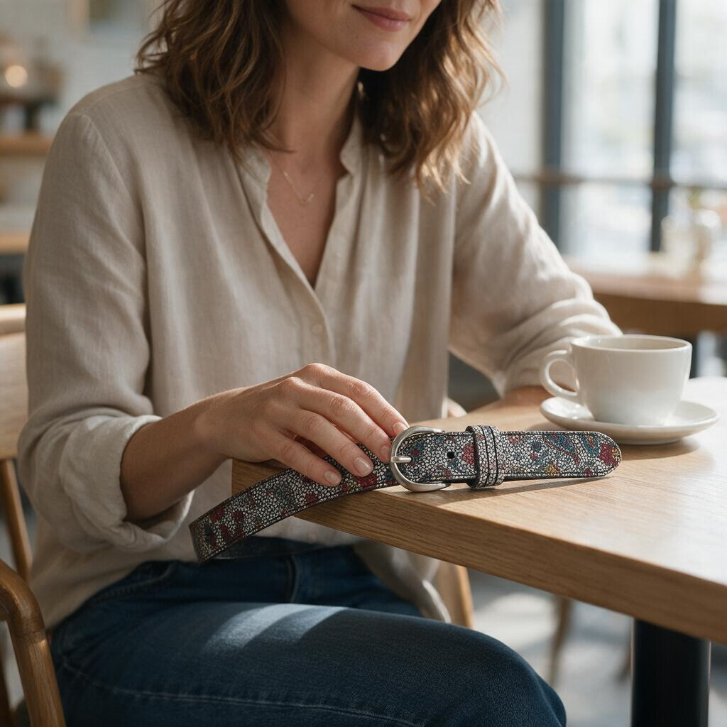 Mujer sosteniendo un cinturón de piel Luisipo con estampado floral multicolor y hebilla plateada en una mesa de café